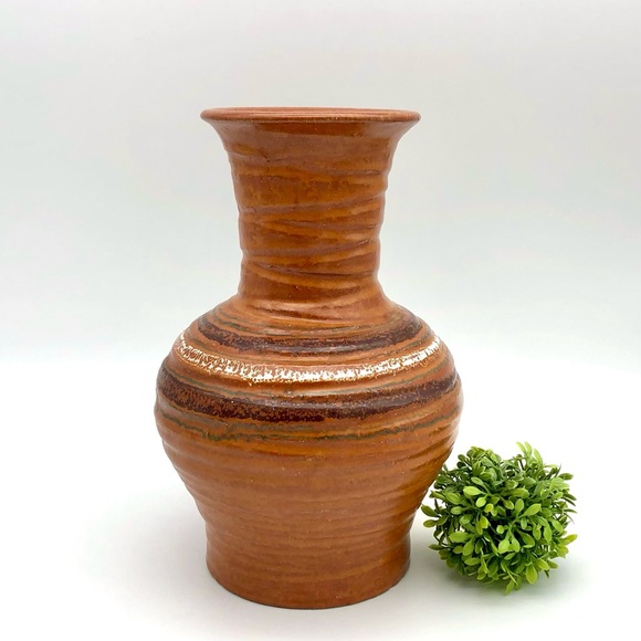 Italian Vase Bitossi Rustic Retro Burnt Orange Brown Teal White Ribbed MCM Italy